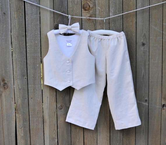 Rustic Ring Boy suit ivory linen pants vest and bowtie many | Etsy