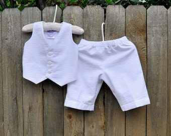 Boys White Seersucker Suit, Pants and Vest Ring Bearer suit, many colors for Beach Wedding, Baptism or dedication...6m,12m,2t,3t,4t,5,6,7,8