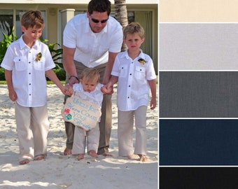 Boys Linen Pants, Ring bearer outfit many colors of Drawstring pants for Beach Wedding baptism graduation or family portrait