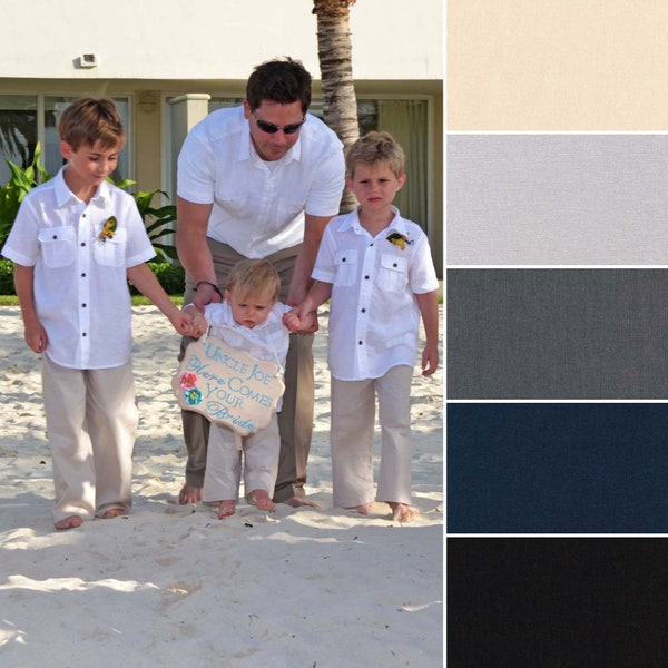 Boys Linen Pants, Ring bearer outfit many colors of Drawstring pants for Beach Wedding baptism graduation or family portrait