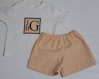Monogrammed Orange Seersucker shirt set, many color seersucker shorts or pants for baby shower gift football...3m,6m,9m,12m,18m,2t,3t,4t,5,6
