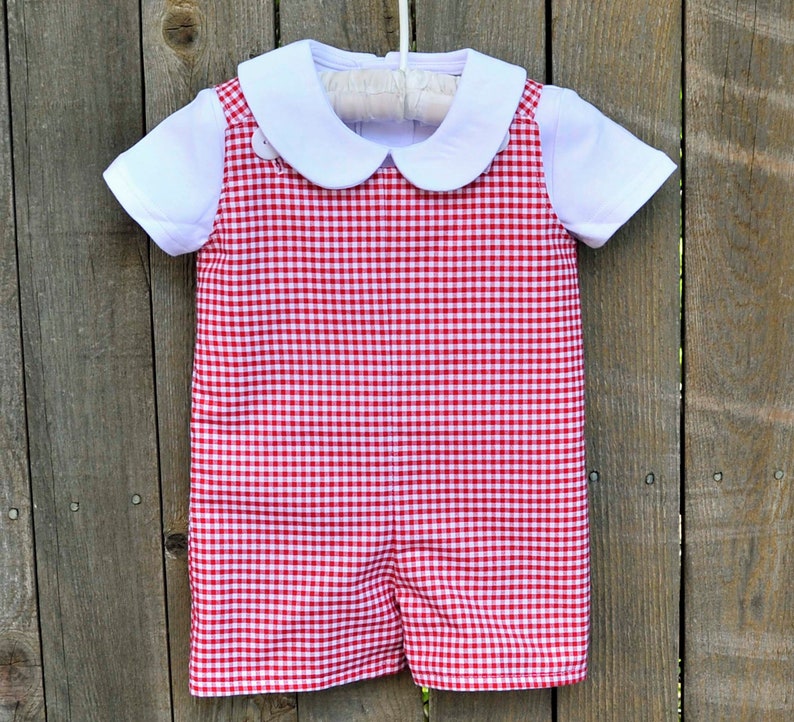 Christmas romper or dress, red Gingham jon jon shortalls longalls or jumper dress Brother sister matching Can be monogrammed with add on 