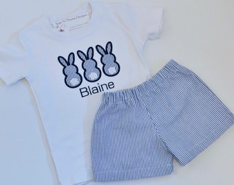 Seersucker Easter Outfit, Personalized Bunny Trio Shirt with Shorts, Sibling matching outfits 6m,12m,18m,2t,3t,4t,5,6