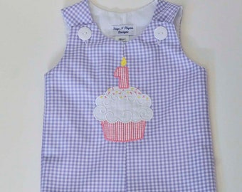 First Birthday Cupcake outfit, Gingham jon jon or dress, Personalized Toddler Outfit Cupcake candle monogrammed, shortalls, longalls, jumper