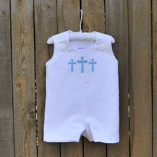 Cross Monogrammed Jon Jon or dress, White Seersucker Romper, longalls..baby boy and girl baptism clothes, 3m,6m,9m,12m,18m,2t,3t