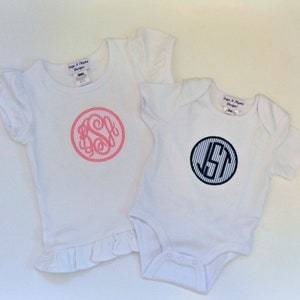 Sibling matching Monogrammed shirt with optional shorts or pants, Personalized seersucker romper set for girls and boys in many colors