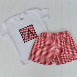 Boys Monogrammed Shirt set with many colors Gingham shorts or pants, Personalized baby gift and school clothes