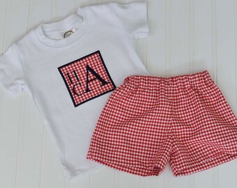 Boys Monogrammed Shirt set with many colors Gingham shorts or pants, Personalized baby gift and school clothes