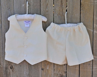 Ivory Linen Shorts and Vest suit for boys, many colors with short or pants for ring bearer outfit, Wedding attire, Baptism Suit...6m-12