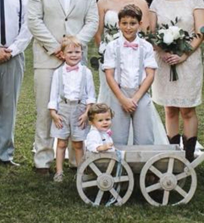 Ring Bearer Outfit, Boys pants or shorts with bow tie and suspenders suit in many linen colors, shirt available separately