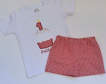 Baby First Birthday Shirt, cupcake applique shirt, first birthday seersucker or gingham shorts and shirt, matching brother sister