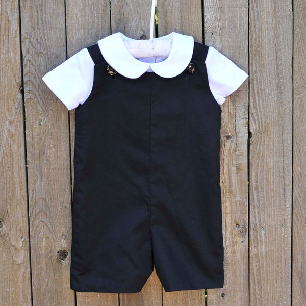 Boy's Black Romper, many colors Ring Bearer outfit for brother sister jon jon shortalls longall or dress, shirt or monogram with add on