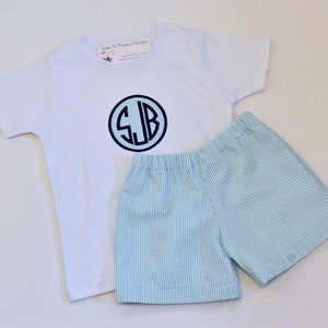 Monogrammed Seersucker shirt and shorts in mint, personalized seersucker shirt sibling matching outfits 3m,6m,9m,12m,18m,2t,3t,4t,5,6