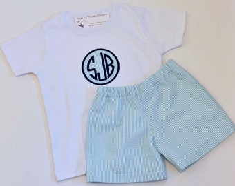 Monogrammed Seersucker shirt and shorts in mint, personalized seersucker shirt sibling matching outfits 3m,6m,9m,12m,18m,2t,3t,4t,5,6