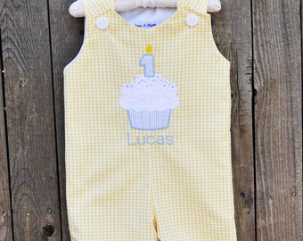 First Birthday outfit, Gingham cupcake jon jon or dress, Personalized Toddler Outfit Cupcake candle monogrammed...3m,6m,9m,12m,18m,2t,3t