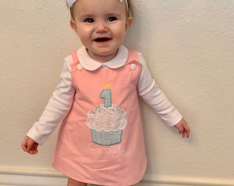 Baby's first birthday dress, personalized cupcake jumper dress or Jon Jon romper, longalls shortall. shirt sold separately