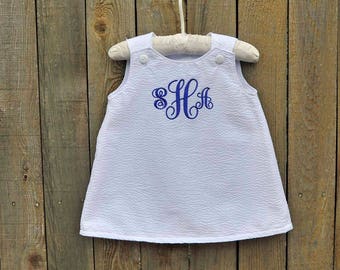 White Seersucker Dress, Girls A-line Dress, Classic Jumper, can be monogrammed with add on, Baptism, Christening...3m,6m,9m,12m,18m,2t,3t