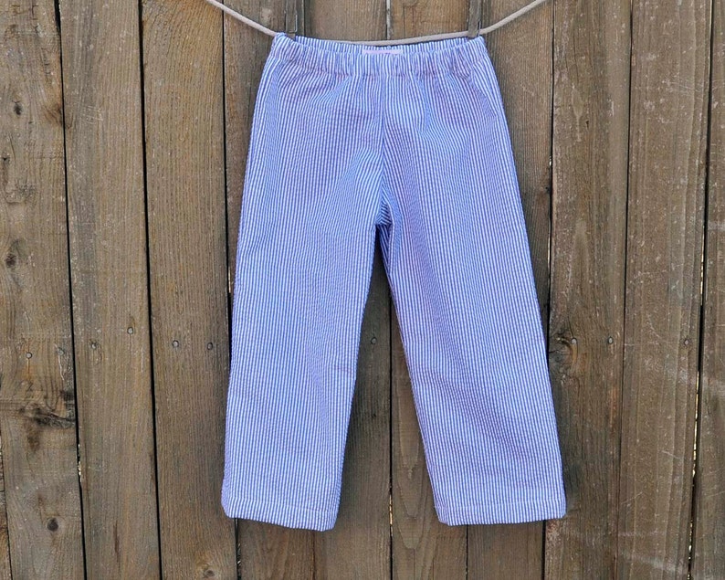Blue Seersucker Pants or Shorts, many colors for school, Beach Weddings, Photos, 3m,6m,9m,12m,18m,2t,3t,4t,5,6,7,8,10,12 image 1