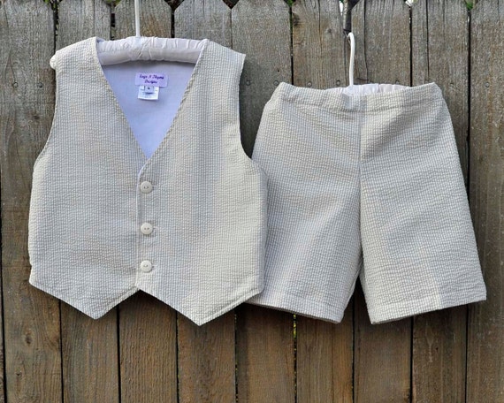 Khaki Seersucker Suit Shorts and Vest Ring Bearer Suit Many | Etsy