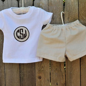 Monogrammed Khaki Seersucker shirt with shorts or pants, many colors  seersucker baby gift, 3m,6m,9m,12m,18m,2t,3t,4t,5,6