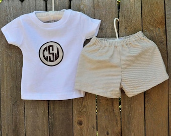 Monogrammed Khaki Seersucker shirt with shorts or pants, many colors seersucker personalized baby gift, 3m,6m,9m,12m,18m,2t,3t,4t,5,6