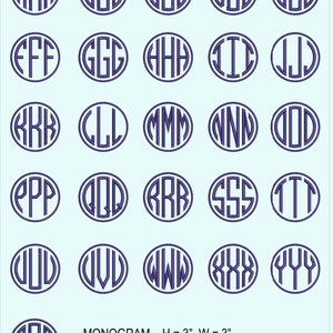 May include: A set of 26 monogram designs featuring the letters of the alphabet in a circular frame. Each letter is repeated three times, creating a bold and graphic design. The letters are in a dark purple color, and the background is a light blue. The text below the designs reads "MONOGRAM H = 3", W = 3" FRAME 3.58"