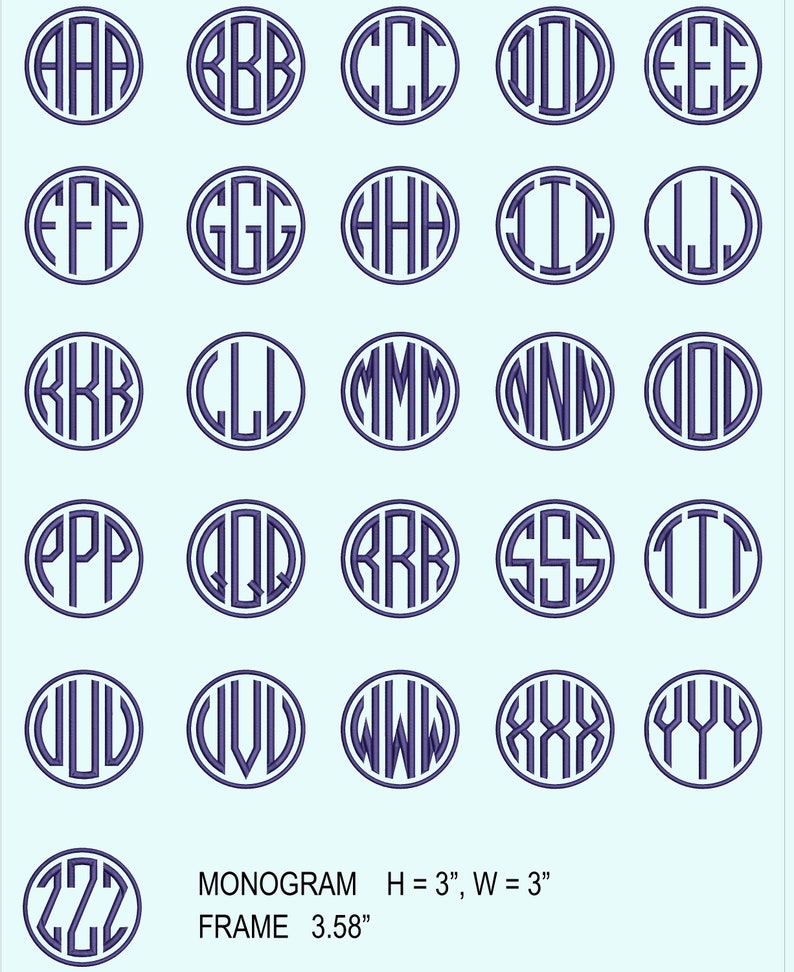 May include: A set of 26 monogram designs featuring the letters of the alphabet in a circular frame. Each letter is repeated three times, creating a bold and graphic design. The letters are in a dark purple color, and the background is a light blue. The text below the designs reads "MONOGRAM H = 3", W = 3" FRAME 3.58"