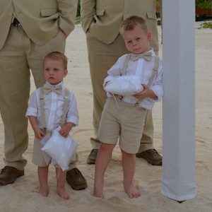 Rustic Wedding ring bearer outfit, Natural linen shorts, bow tie and suspenders, shorts or pants in many colors, shirt available separately image 6