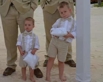 Natural Linen shorts bow tie and suspenders, Beach wedding suit Ring Bearer Outfit shorts or pants, many color, shirt available separately