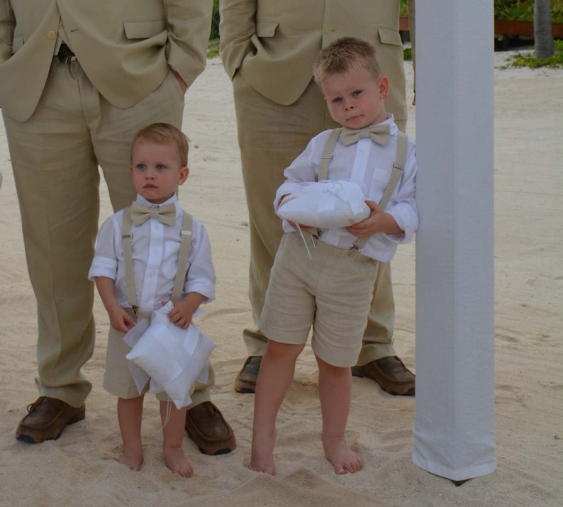 Rustic Wedding ring bearer outfit, Natural linen shorts, bow tie and suspenders, shorts or pants in many colors, shirt available separately image 6
