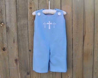 Cross Monogrammed Blue Jon Jon, cotton jumper dress, shortall or longall romper, baby baptism clothes, 3m,6m,9m,12m,18m,2t,3t