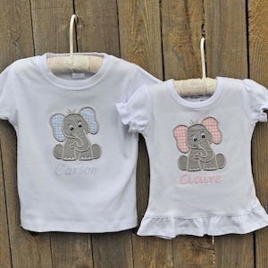 Sibling matching Elephant shirts, personalized baby gift, shirt with gingham shorts or pants