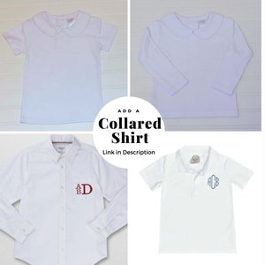 May include: Four white collared shirts, two with short sleeves and two with long sleeves. One shirt has a button-down closure and a monogram on the chest. Another shirt has a polo collar and a monogram on the chest. The text "ADD A Collared Shirt" and "Link in Description" are displayed below the shirts.