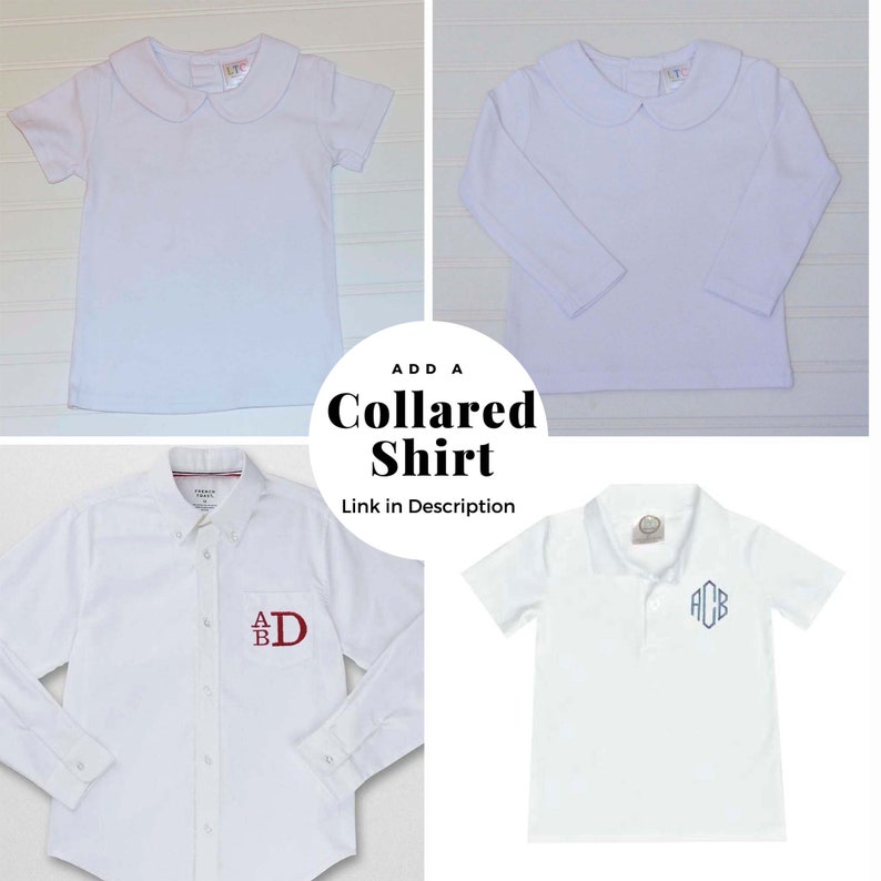 May include: Four white collared shirts, two with short sleeves and two with long sleeves. One shirt has a button-down closure and a monogram on the chest. Another shirt has a polo collar and a monogram on the chest. The text "ADD A Collared Shirt" and "Link in Description" are displayed below the shirts.