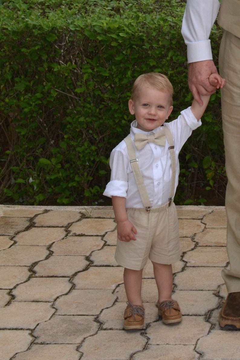Ring Bearer Outfit Boys Linen Suspender Shorts and Bow Tie Etsy