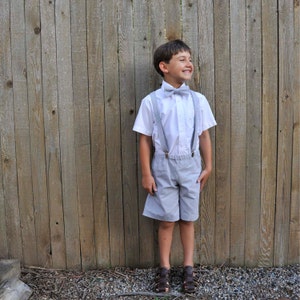 Rustic Wedding ring bearer outfit, Natural linen shorts, bow tie and suspenders, shorts or pants in many colors, shirt available separately image 10