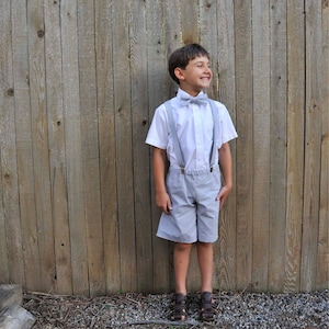 Ring Bearer Outfit suspender shorts and bow tie, boys linen shorts or pants with braces and bowtie in many colors, shirt sold separately