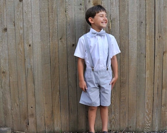 Ring Bearer Outfit suspender shorts and bow tie, boys linen shorts or pants with braces and bowtie in many colors, shirt sold separately