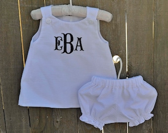 Baby Girl Seersucker Dress and Bloomers, Classic A-line Jumper, can be monogrammed with add on...3m,6m,9m,12m,18m,2t,3t