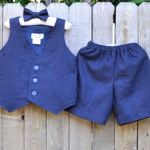 Ring bearer suit, navy blue linen shorts, vest and bowtie, Short or Pants outfit in many colors for Beach Weddings, Photos, dedications