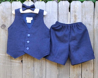 Ring bearer suit, navy blue linen shorts, vest and bowtie, Short or Pants outfit in many colors for Beach Weddings, Photos, dedications