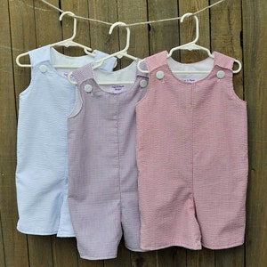 Girls A-line Seersucker Dress or jon jon romper, sibling matching shortalls, can be monogrammed with add on image 3