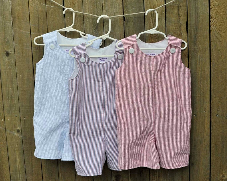 Girls A-line Seersucker Dress or jon jon romper, sibling matching shortalls, can be monogrammed with add on image 3