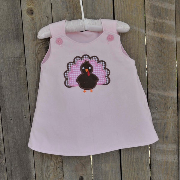 Baby girl pink Corduroy Turkey Dress, personalized Thanksgiving sibling matching outfits A-line dress or jon jon romper