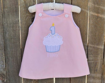 First birthday dress or romper, personalized cupcake jumper dress or Jon Jon longalls or shortall, 2nd and 3rd birthday