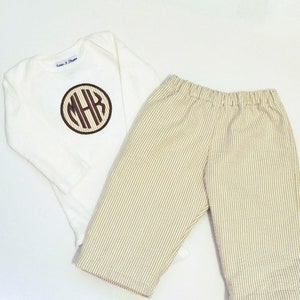 Baby Coming Home Outfit, Monogrammed gown or shirt with seersucker shorts or pants, sibling matching outfits 3m,6m,9m,12m,18m,2t,3t,4t, 5,6