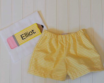 Monogrammed Back to School outfit, personalized pencil shirt with gingham shorts or pants in many colors, baby toddler teacher gift