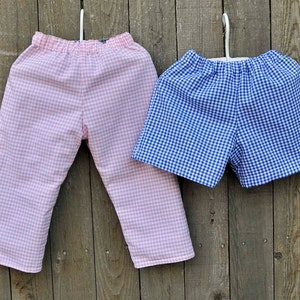 Boys Gingham shorts or pants, many colors checked plaid gingham, sibling matching outfit 6m,9m,12m,18m,2t,3t,4t,5,6,7,8,10,12 image 4