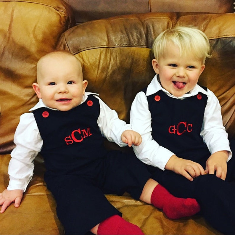 Brother matching outfit, Jon Jon romper or jumper dress, Matching Sibling Outfits shortalls or longalls. Can be monogrammed with add on 