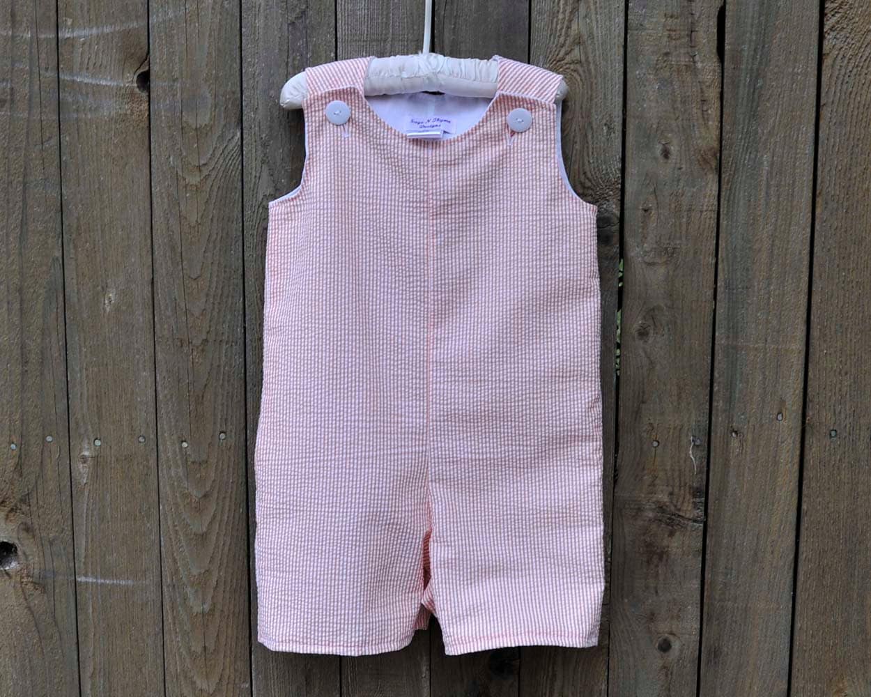 Orange seersucker Jon Jon or jumper dress. Boys Longall or shortall romper, sizes 3m,6m,9m,12m,18m,2t,3t, monogrammed with add on